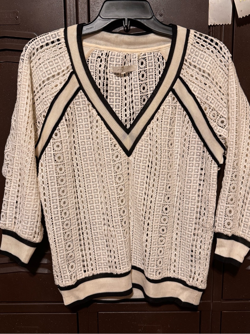 7 for all Mankind Cream Open-Knit V-Neck Sweater with Black Trim